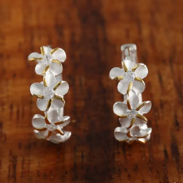 Sterling Silver Two Tone Yellow Gold Plated Four Plumeria with CZ Hoop Earrings