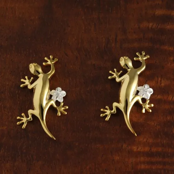 Sterling Silver Two Tone Yellow Gold Plated Gecko and Plumeria with CZ Post Earrings