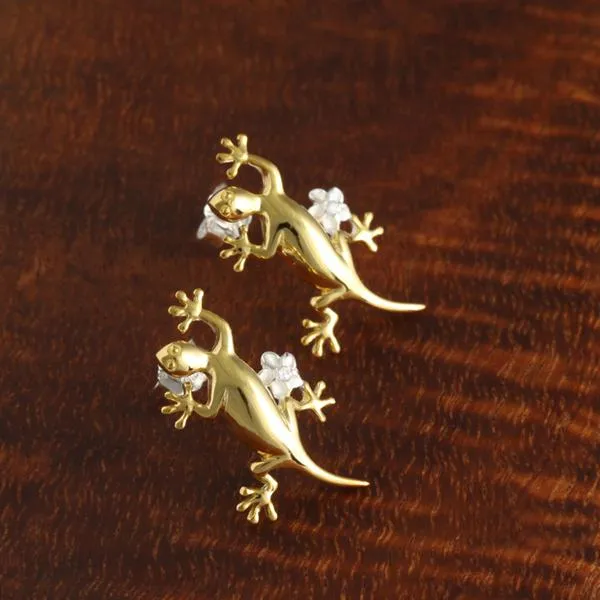 Sterling Silver Two Tone Yellow Gold Plated Gecko and Plumeria with CZ Post Earrings