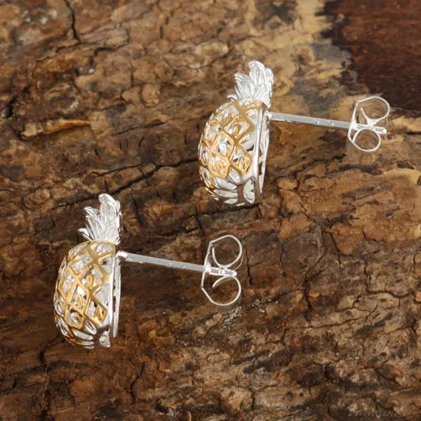 Sterling Silver Two Tone Yellow Gold Plated Half Pineapple Post Earrings