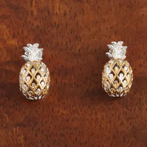 Sterling Silver Two Tone Yellow Gold Plated Half Pineapple Post Earrings