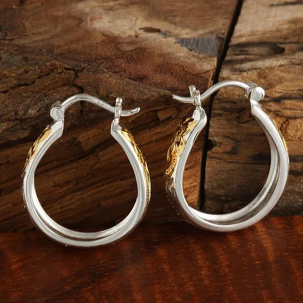Sterling Silver Two Tone Yellow Gold Plated Hawaiian Scroll Oval Hinged Back Earrings (S/L)