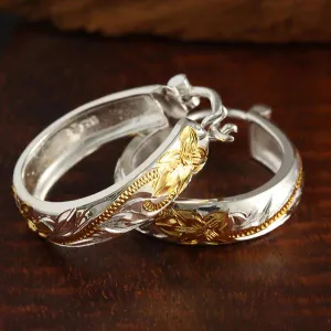 Sterling Silver Two Tone Yellow Gold Plated Hawaiian Scroll Oval Hinged Back Earrings (S/L)