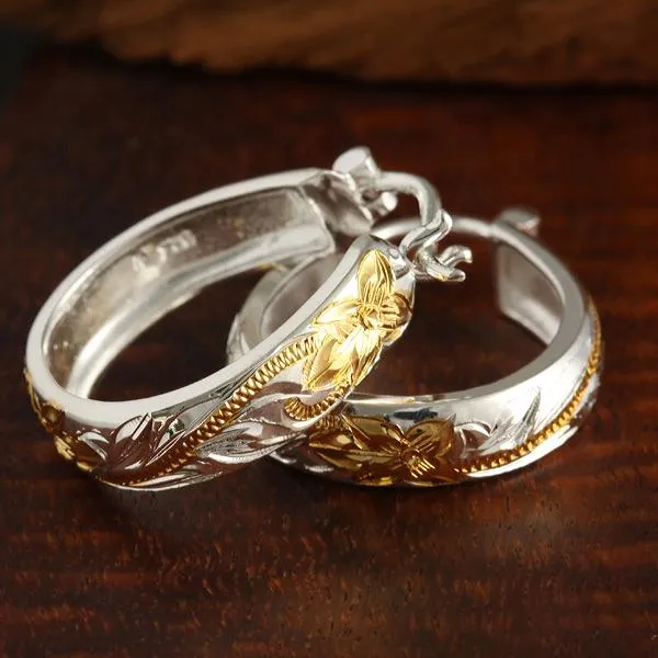 Sterling Silver Two Tone Yellow Gold Plated Hawaiian Scroll Oval Hinged Back Earrings (S/L)