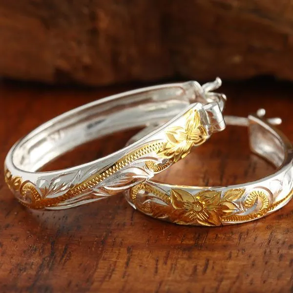 Sterling Silver Two Tone Yellow Gold Plated Hawaiian Scroll Oval Hinged Back Earrings (S/L)