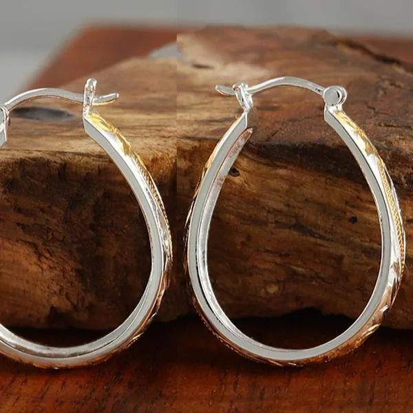 Sterling Silver Two Tone Yellow Gold Plated Hawaiian Scroll Oval Hinged Back Earrings (S/L)