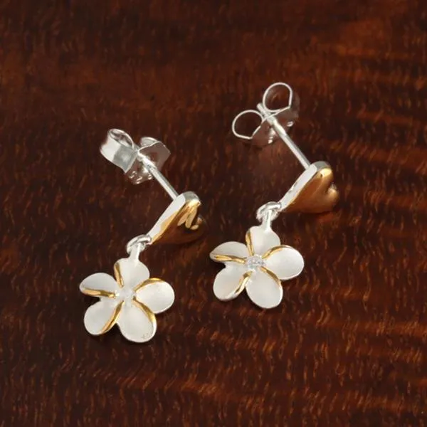 Sterling Silver Two Tone Yellow Gold Plated Heart and 8mm Plumeria with CZ Post Earrings