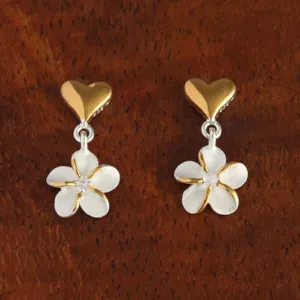 Sterling Silver Two Tone Yellow Gold Plated Heart and 8mm Plumeria with CZ Post Earrings
