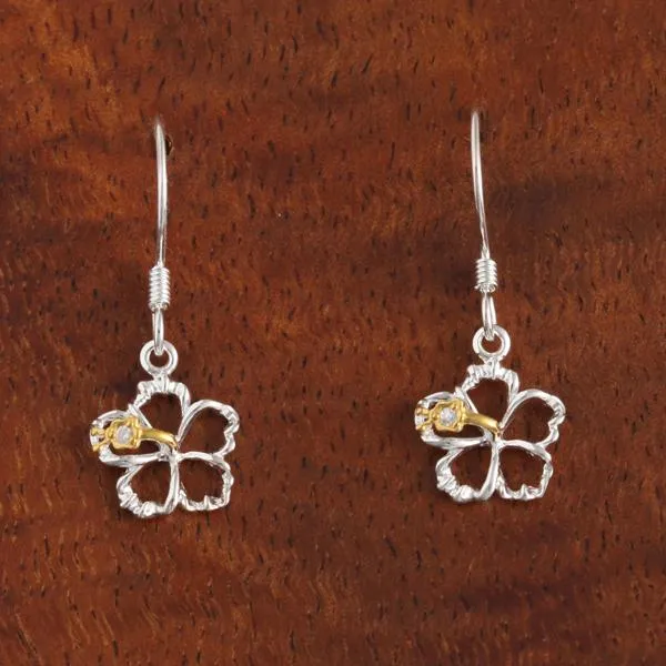 Sterling Silver Two Tone Yellow Gold Plated Hibiscus with CZ Floating Hook Earrings (8-18mm)