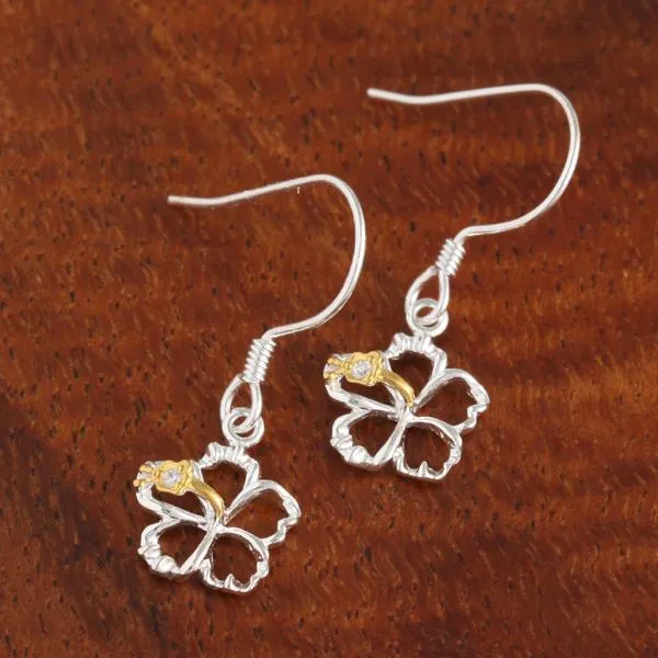 Sterling Silver Two Tone Yellow Gold Plated Hibiscus with CZ Floating Hook Earrings (8-18mm)