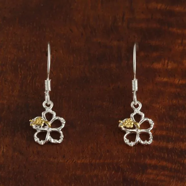 Sterling Silver Two Tone Yellow Gold Plated Hibiscus with CZ Floating Hook Earrings (8-18mm)