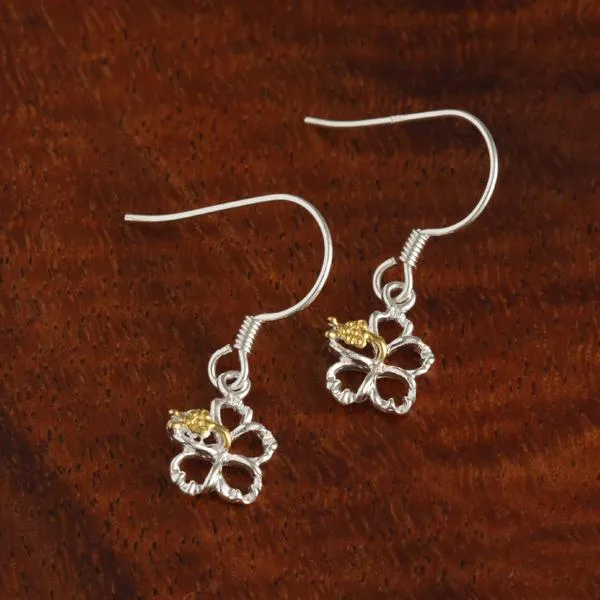 Sterling Silver Two Tone Yellow Gold Plated Hibiscus with CZ Floating Hook Earrings (8-18mm)