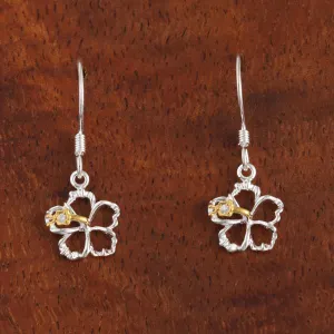 Sterling Silver Two Tone Yellow Gold Plated Hibiscus with CZ Floating Hook Earrings (8-18mm)