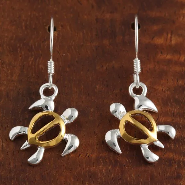Sterling Silver Two Tone Yellow Gold Plated Honu (Hawaiian Turtle) Hook Earrings