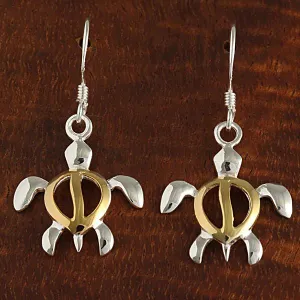 Sterling Silver Two Tone Yellow Gold Plated Honu (Hawaiian Turtle) Hook Earrings