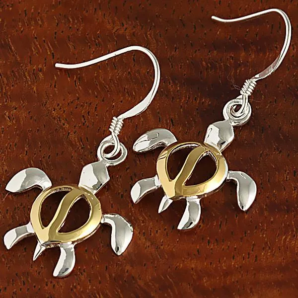 Sterling Silver Two Tone Yellow Gold Plated Honu (Hawaiian Turtle) Hook Earrings