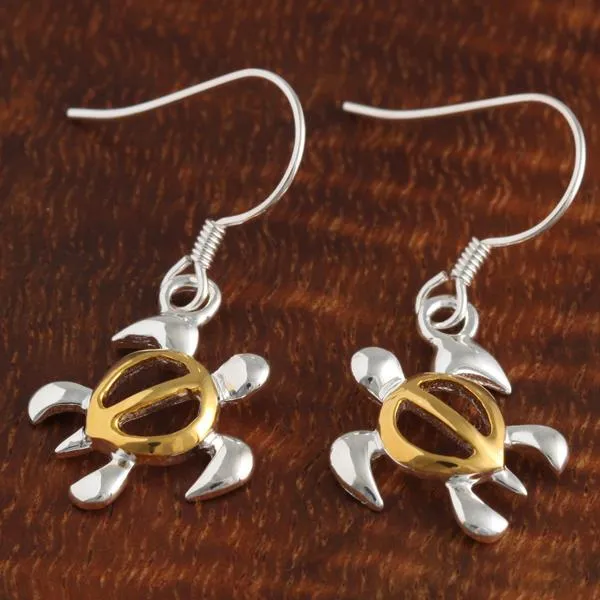 Sterling Silver Two Tone Yellow Gold Plated Honu (Hawaiian Turtle) Hook Earrings