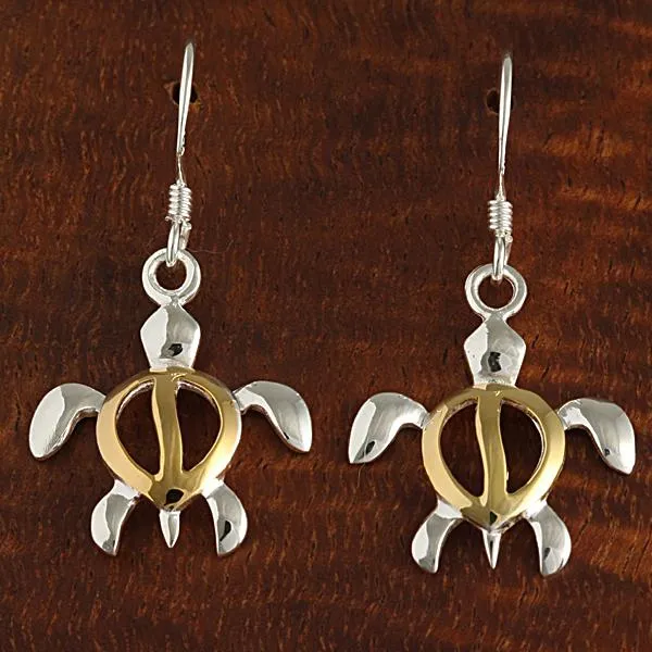 Sterling Silver Two Tone Yellow Gold Plated Honu (Hawaiian Turtle) Hook Earrings