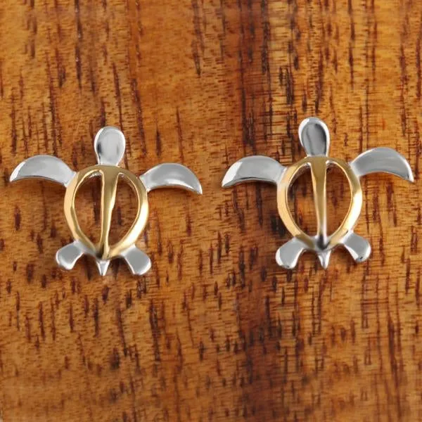 Sterling Silver Two Tone Yellow Gold Plated Honu (Hawaiian Turtle) Post Earrings (S/M)