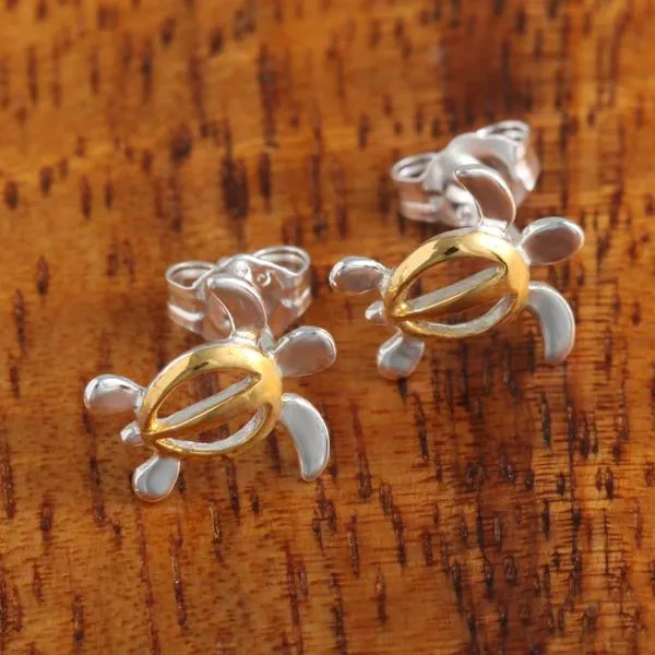 Sterling Silver Two Tone Yellow Gold Plated Honu (Hawaiian Turtle) Post Earrings (S/M)