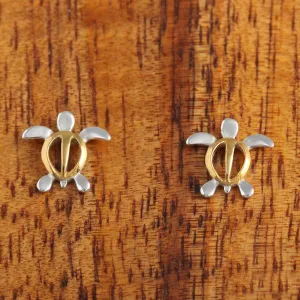 Sterling Silver Two Tone Yellow Gold Plated Honu (Hawaiian Turtle) Post Earrings (S/M)
