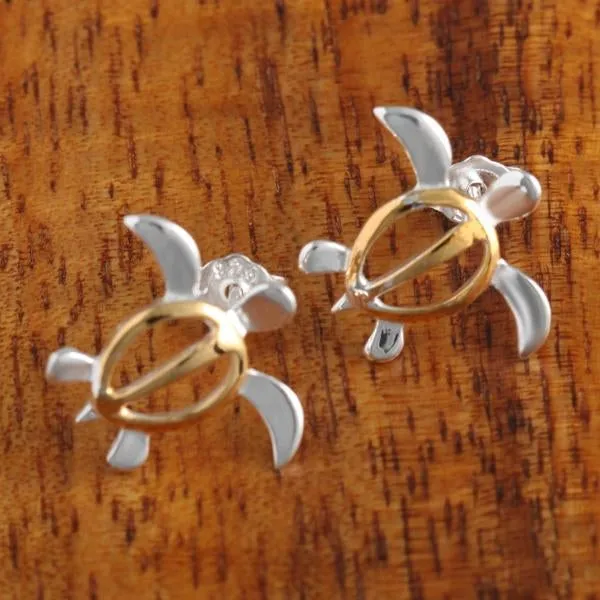 Sterling Silver Two Tone Yellow Gold Plated Honu (Hawaiian Turtle) Post Earrings (S/M)
