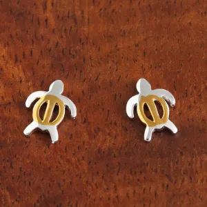 Sterling Silver Two Tone Yellow Gold Plated Honu (Hawaiian Turtle) Post Earrings