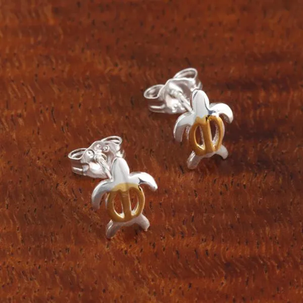 Sterling Silver Two Tone Yellow Gold Plated Honu (Hawaiian Turtle) Post Earrings