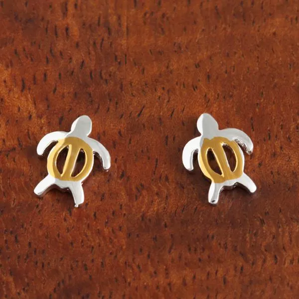 Sterling Silver Two Tone Yellow Gold Plated Honu (Hawaiian Turtle) Post Earrings
