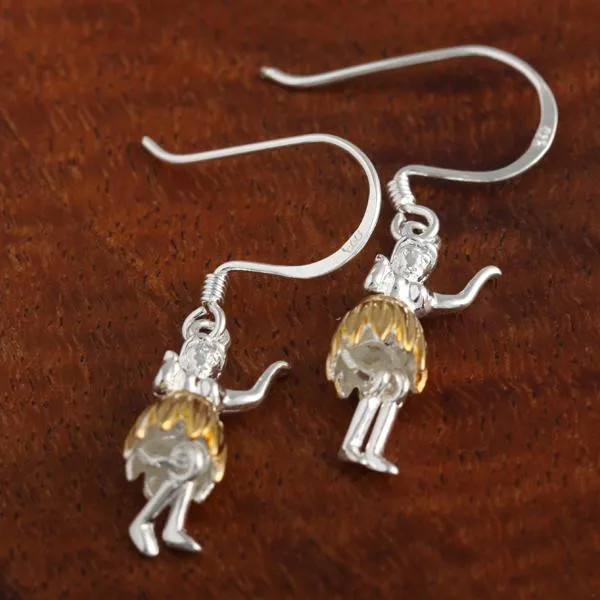 Sterling Silver Two Tone Yellow Gold Plated Hula Dancer Hook Earrings