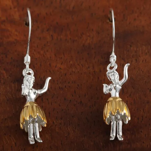 Sterling Silver Two Tone Yellow Gold Plated Hula Dancer Hook Earrings