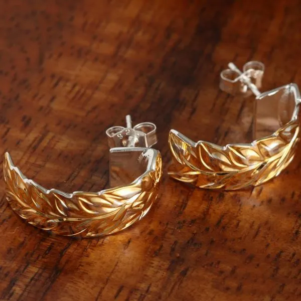Sterling Silver Two Tone Yellow Gold Plated Maile Leaf Half Moon Earrings (S/L)