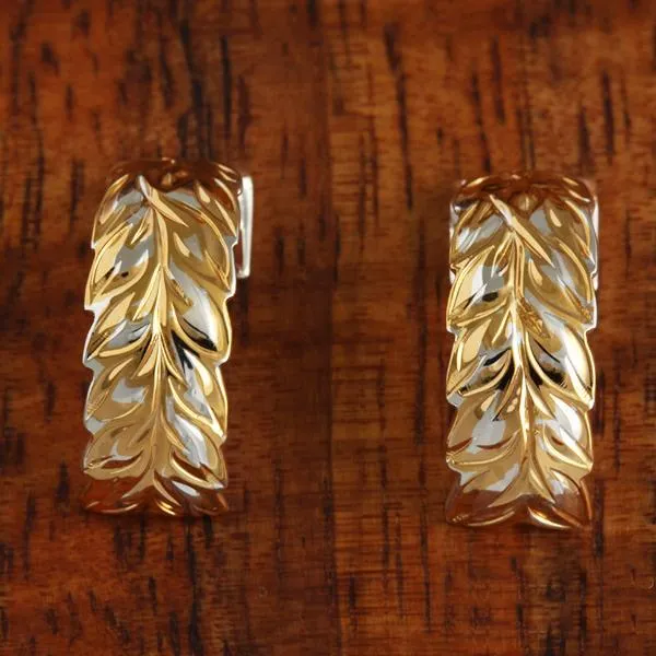Sterling Silver Two Tone Yellow Gold Plated Maile Leaf Half Moon Earrings (S/L)