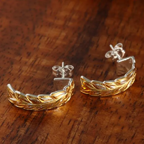 Sterling Silver Two Tone Yellow Gold Plated Maile Leaf Half Moon Earrings (S/L)