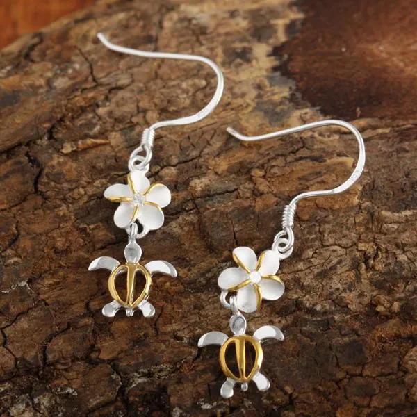 Sterling Silver Two Tone Yellow Gold Plated Plumeria with CZ and Honu (Hawaiian Turtle) Hook Earrings (M/L)