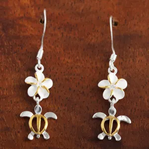 Sterling Silver Two Tone Yellow Gold Plated Plumeria with CZ and Honu (Hawaiian Turtle) Hook Earrings (M/L)