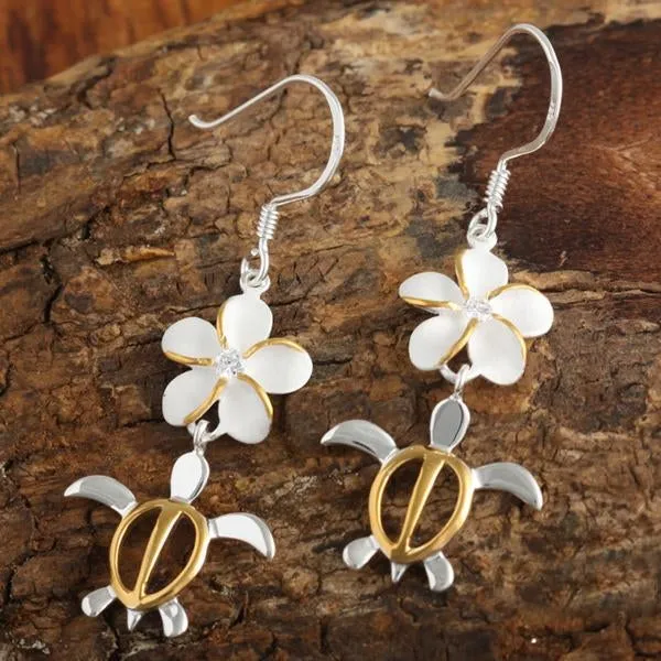 Sterling Silver Two Tone Yellow Gold Plated Plumeria with CZ and Honu (Hawaiian Turtle) Hook Earrings (M/L)