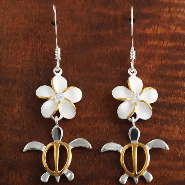 Sterling Silver Two Tone Yellow Gold Plated Plumeria with CZ and Honu (Hawaiian Turtle) Hook Earrings (M/L)