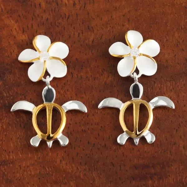 Sterling Silver Two Tone Yellow Gold Plated Plumeria with CZ and Honu (Hawaiian Turtle) Post Earrings (S/M/L)