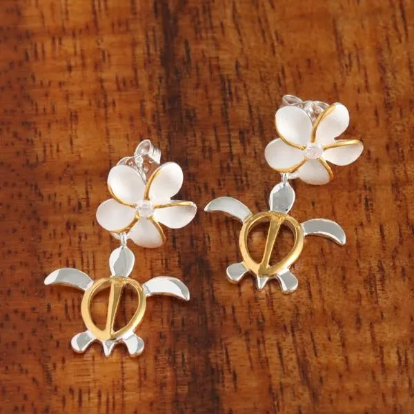 Sterling Silver Two Tone Yellow Gold Plated Plumeria with CZ and Honu (Hawaiian Turtle) Post Earrings (S/M/L)