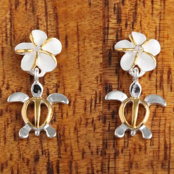 Sterling Silver Two Tone Yellow Gold Plated Plumeria with CZ and Honu (Hawaiian Turtle) Post Earrings (S/M/L)
