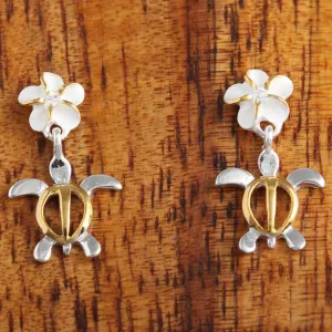 Sterling Silver Two Tone Yellow Gold Plated Plumeria with CZ and Honu (Hawaiian Turtle) Post Earrings (S/M/L)