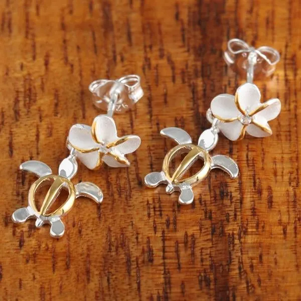 Sterling Silver Two Tone Yellow Gold Plated Plumeria with CZ and Honu (Hawaiian Turtle) Post Earrings (S/M/L)