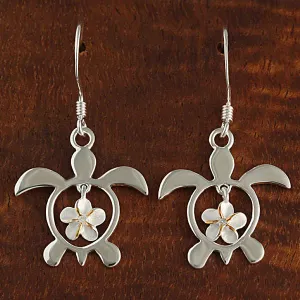 Sterling Silver Two Tone Yellow Gold Plated Plumeria with CZ in Honu (Hawaiian Turtle) Hook Earrings
