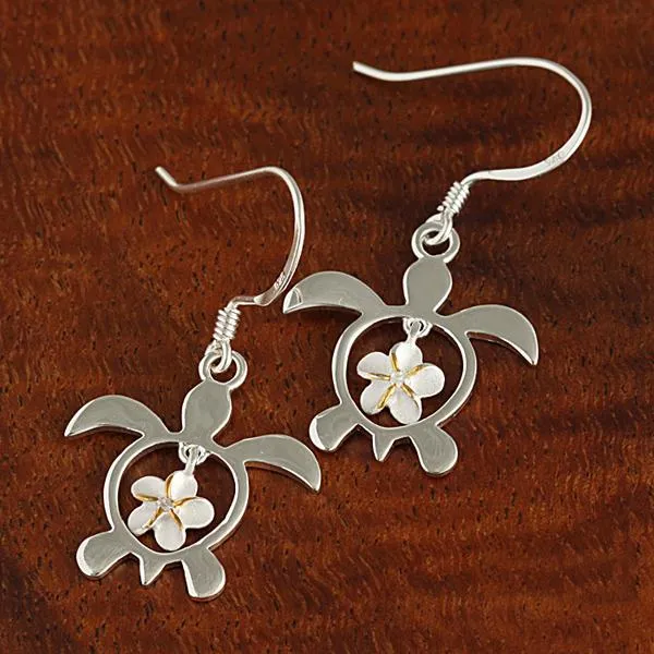Sterling Silver Two Tone Yellow Gold Plated Plumeria with CZ in Honu (Hawaiian Turtle) Hook Earrings