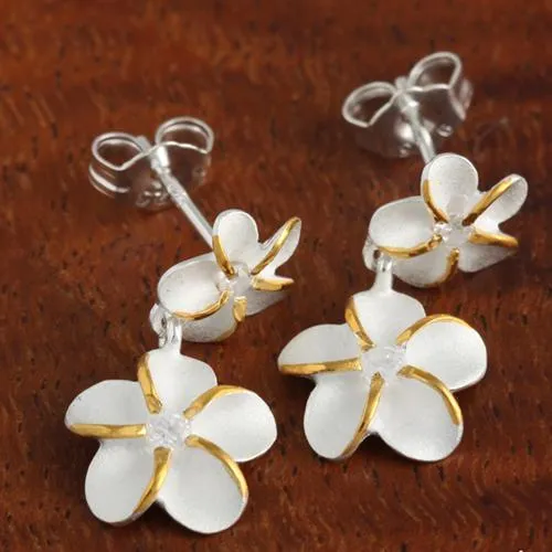 Sterling Silver Two Tone Yellow Gold Plated Two Plumeria with CZ Post Earrings (S/L)