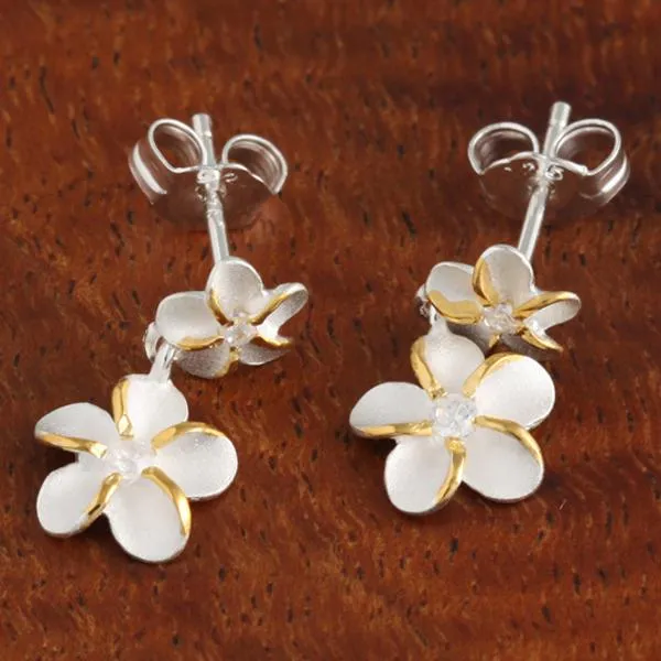 Sterling Silver Two Tone Yellow Gold Plated Two Plumeria with CZ Post Earrings (S/L)