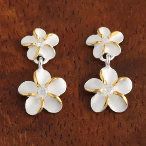 Sterling Silver Two Tone Yellow Gold Plated Two Plumeria with CZ Post Earrings (S/L)