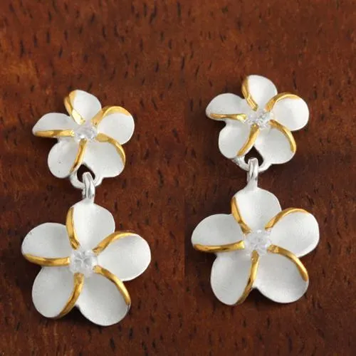 Sterling Silver Two Tone Yellow Gold Plated Two Plumeria with CZ Post Earrings (S/L)