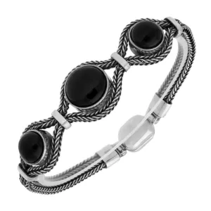 Sterling Silver Whitby Jet 3 Stone Round Foxtail Bracelet D